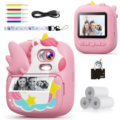 CAMCLID Kinderkamera Sofortbildkamera, 2,4 Zoll Sofortbildkamera Kinder mit 32G TF Karte und Fotopapier Drucken, 1080P HD Digitalkamera Kinder, Geschenke für Jungen und Mädchen 3-12 Jahre (Rosa)