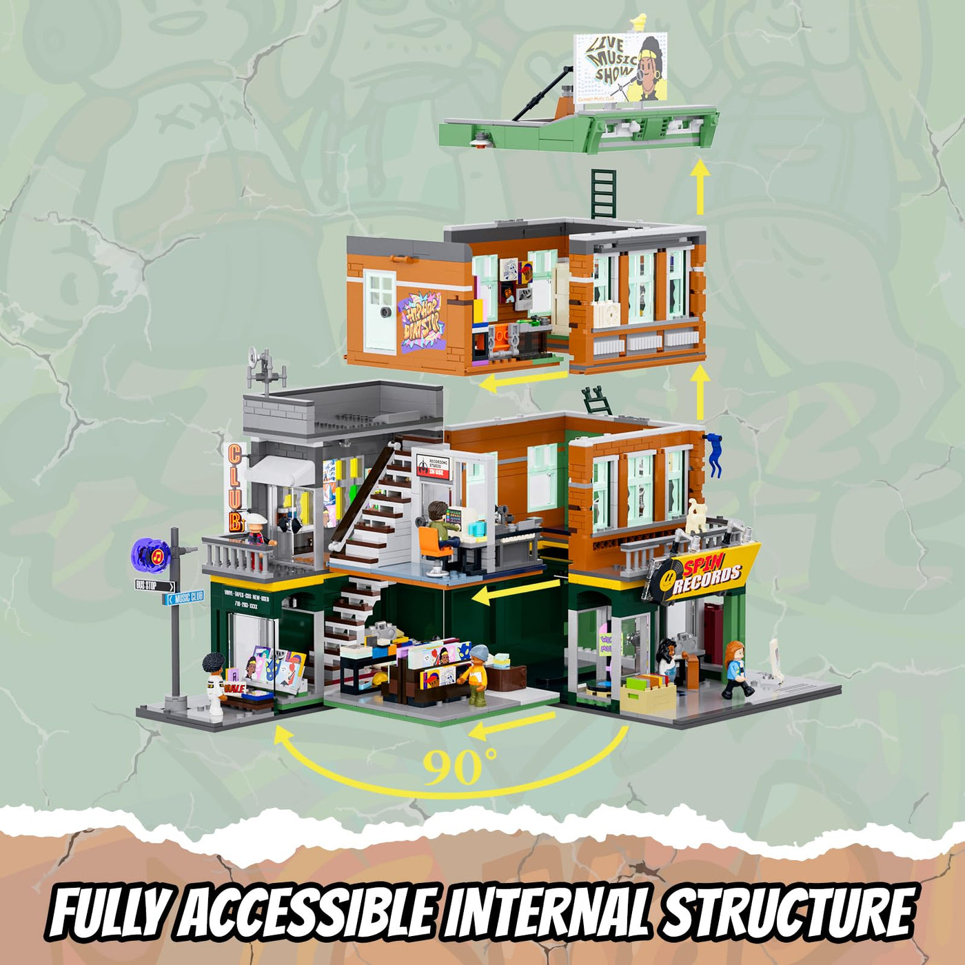 FUNWHOLE Plattenladen Beleuchtung Klemmbausteine Haus - 1980 Pcs Street Fusion Audio Shop, Multi-Form Modular Building Sammlung Kit für Erwachsene & Musikliebhaber,F9058