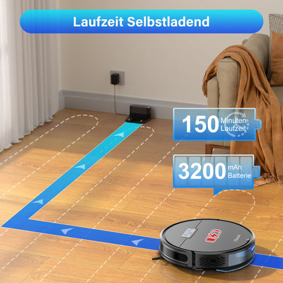 Tikom Saugroboter mit Wischfunktion 2 in 1, G8000 Pro Staubsauger Roboter, 4500Pa Starke Saugkraft Roboterstaubsauger, Selbstaufladend, WLAN, 150Mins Max, Ideal für Tierhaare, Teppich, Hartboden