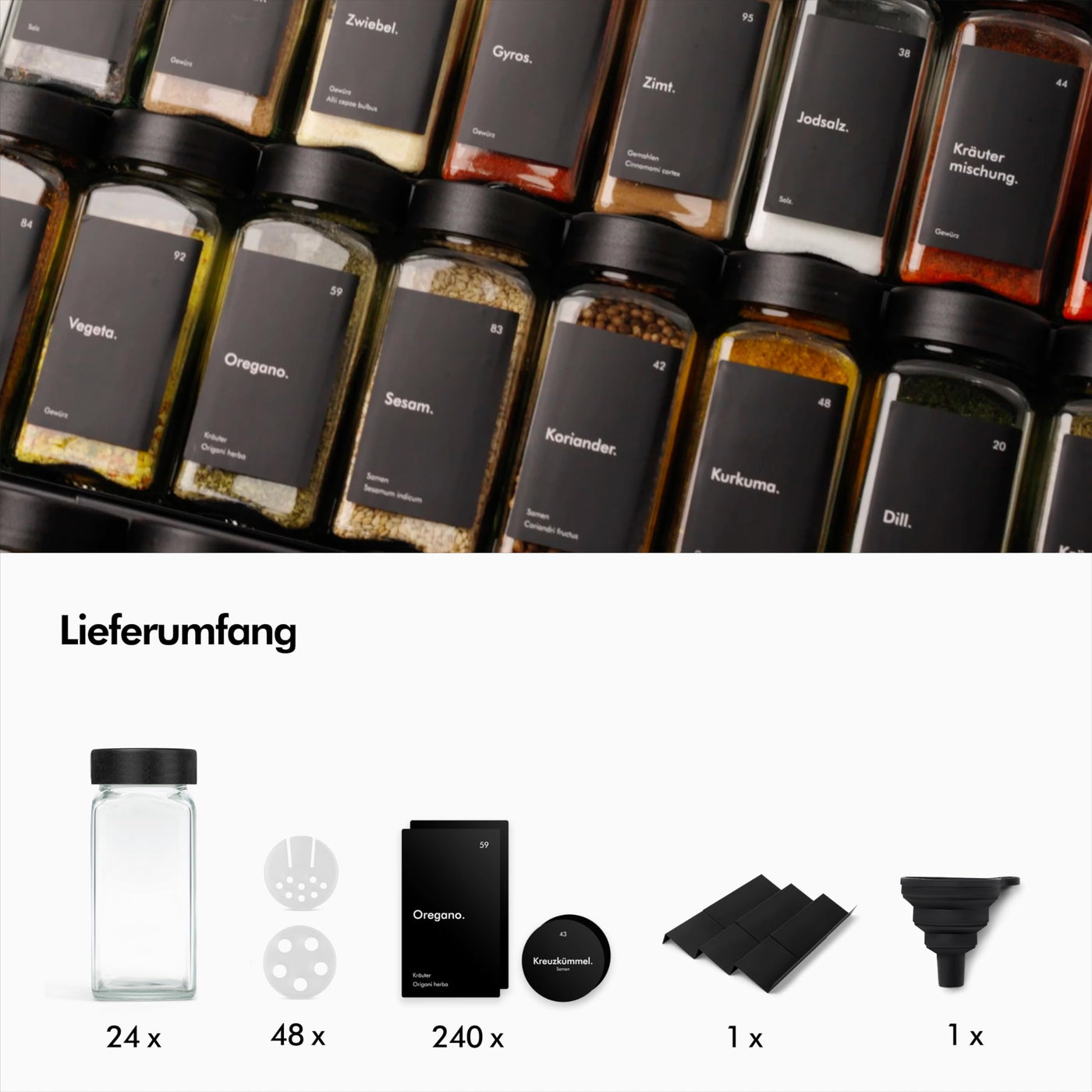 KIVY Gewürzregal mit Gläsern | inkl. 24 Gewürzgläser mit Etiketten - Verstellbar & passend für alle Schubladen - Gewürz Organizer Schublade - Gewürzregal Schublade - Gewürzgläser mit Regal
