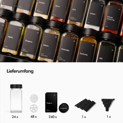 KIVY Gewürzregal mit Gläsern | inkl. 24 Gewürzgläser mit Etiketten - Verstellbar & passend für alle Schubladen - Gewürz Organizer Schublade - Gewürzregal Schublade - Gewürzgläser mit Regal