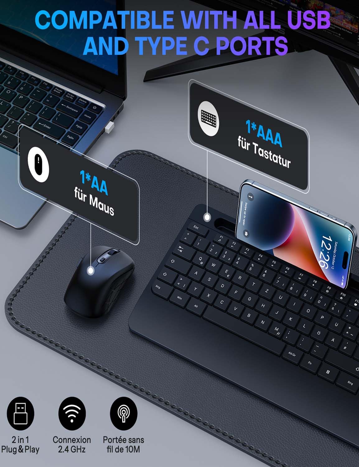 Tastatur Maus Set Kabellos - OMOTON Ergonomische Kabellos Tastatur QWERTZ Deutsche Mit Handgelenkauflage, Funk Tastatur Leise 2.4G USB Wireless Keyboard and Mouse Set für PC/Windows- Schwarz