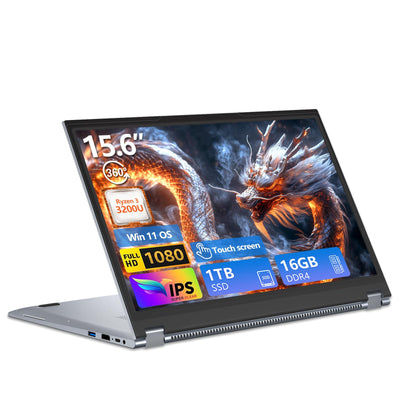 2 in 1 Laptop, 15,6 Zoll Laptop 16 GB RAM 1TB SSD, Win 11 Pro Notebook Ryzen 3 3200U CPU, Touch-Screen 1920x1080, RJ45, Type-C, Mini-HDMI, Radeon Graphics GPU, Dünnes und Leichtes PC Computer
