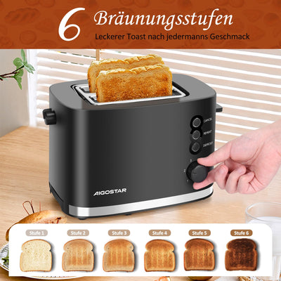 Aigostar Energy - Toaster 2 Scheiben mit Brötchenaufsatz, extra breite Toastschlitze & Brotzentrierung, 6 Bräunungsstufen, Abbruch-, Auftau- & Aufwärmfunktionen, Krümelschublade, 800W, Schwarz