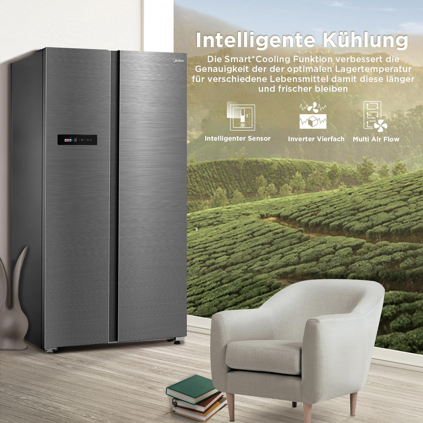 Midea MDRS791MYA46 Side-by-Side Kühl-/Gefrierkombination/No Frost/Inverter Compressor/176,5 cm hoch/379 L Kühlen/213 L Gefrieren/Doppelte Steuerung/SuperCool/LED-Beleuchtung/35dB/Rostfreier Stahl