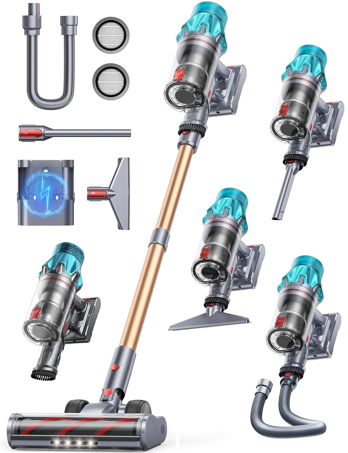 Fieety 550W/45KPa/60Min Akku Staubsauger, 8-in-1 Staubsauger Kabellos mit Wandmontierte Ladestation, 1M Ausziehbarer Schlauch, Sofabürste, Touchscreen, 1.5L, für Tierhaare/Teppiche/Hartböden/Auto