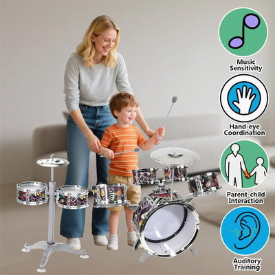 NUC Schlagzeug Kinder 7-teilig mit 2 Becken & Hocker - Trommel Set für Kinder ab 2, 3, 4, 5 Jahren - Musikinstrument, Leicht Aufzubauen & Platzsparend Geburtstag/Weihnachten