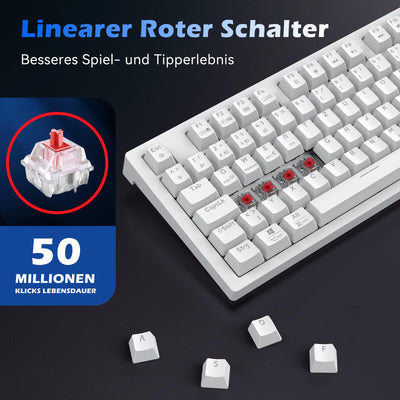 TECURS Mechanische Tastatur - Gaming Tastatur Kabellos Programmierbare 80% TKL QWERTZ mit Rote Schalter, RGB-Beleuchtung, Multimedia-Tasten, Mechanical Keyboard für PC/PS4/PS5, Weiß
