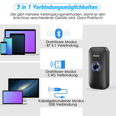 Eyoyo Mini 2D Bluetooth Barcode Scanner, 3 in1 Bluetooth & USB Kabel & 2.4G Wireless Barcode Leser, Portable Bar Code Scannen mit Windows, Android, iOS, Tablets oder Computer(1D 2D QR Schwarz)