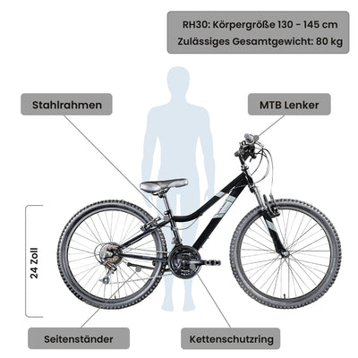 Galano GA20 Mountainbike 24 Zoll Jungen Mädchen Fahrrad für Jugendliche Jugendfahrrad MTB Hardtail Jugend Kinder Fahrrad ab 8 Jahre Mountain Bike 21 Gänge (schwarz/grau, 30 cm)