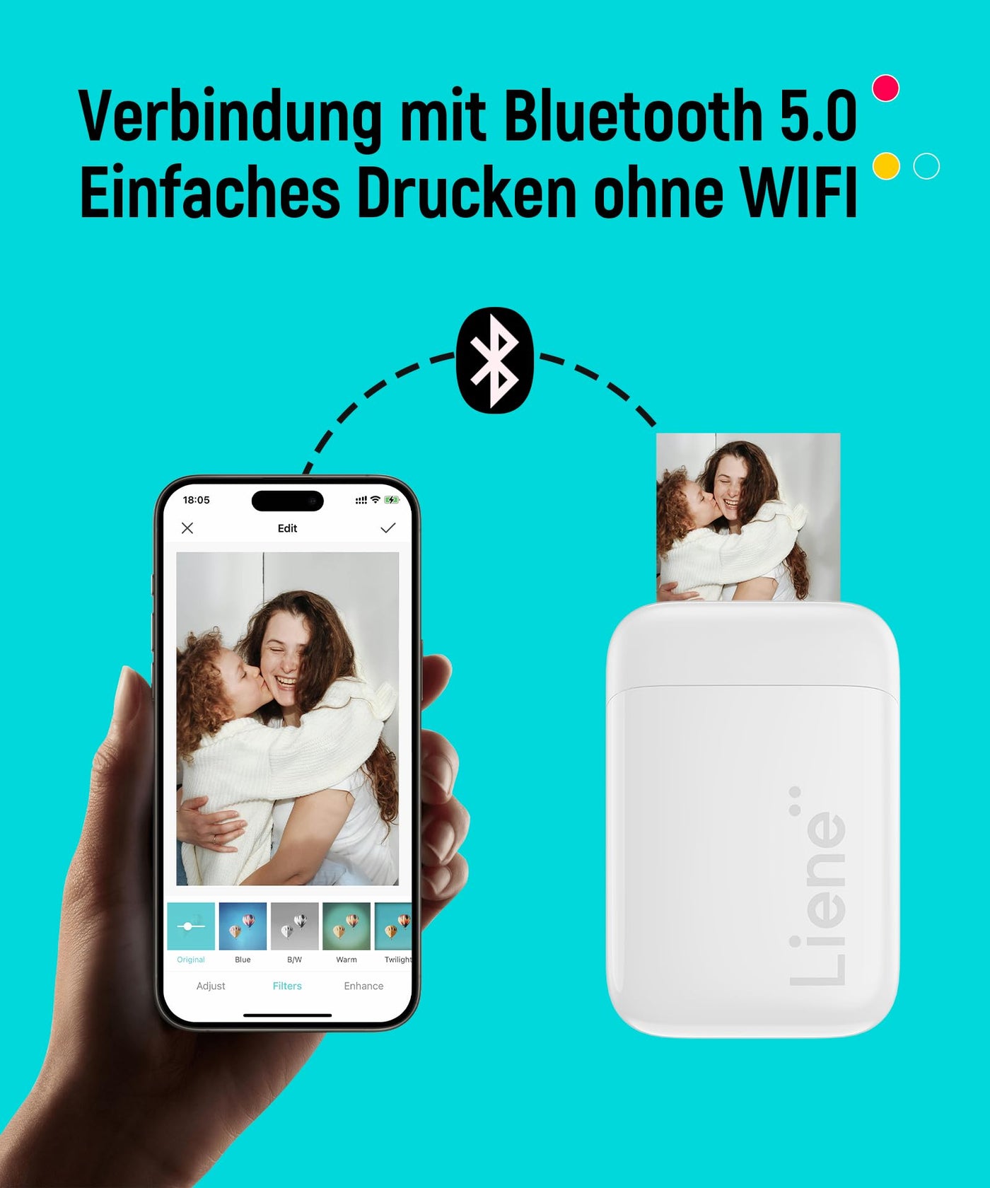 Liene Pearl K100 2x3'' Mini Fotodrucker Smartphone, Mini Tragbarer Sofortbilddrucker mit 5 Zink Klebepapier, Bluetooth 5.0, Kompatibel mit IOS & Android, Kleiner Handy Fotodrucker für iPhone - Weiß