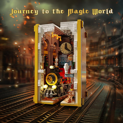 HOGOKIDS Magischer Bahnhof Book Nook Bauspielzeug Set mit LED, 1300 Pcs Buchstützen-Bausteinsatz für Bücherregal, Heimdekoration, DIY Booknook Geschenke für Erwachsene, Jungen Mädchen ab 10 Jahren