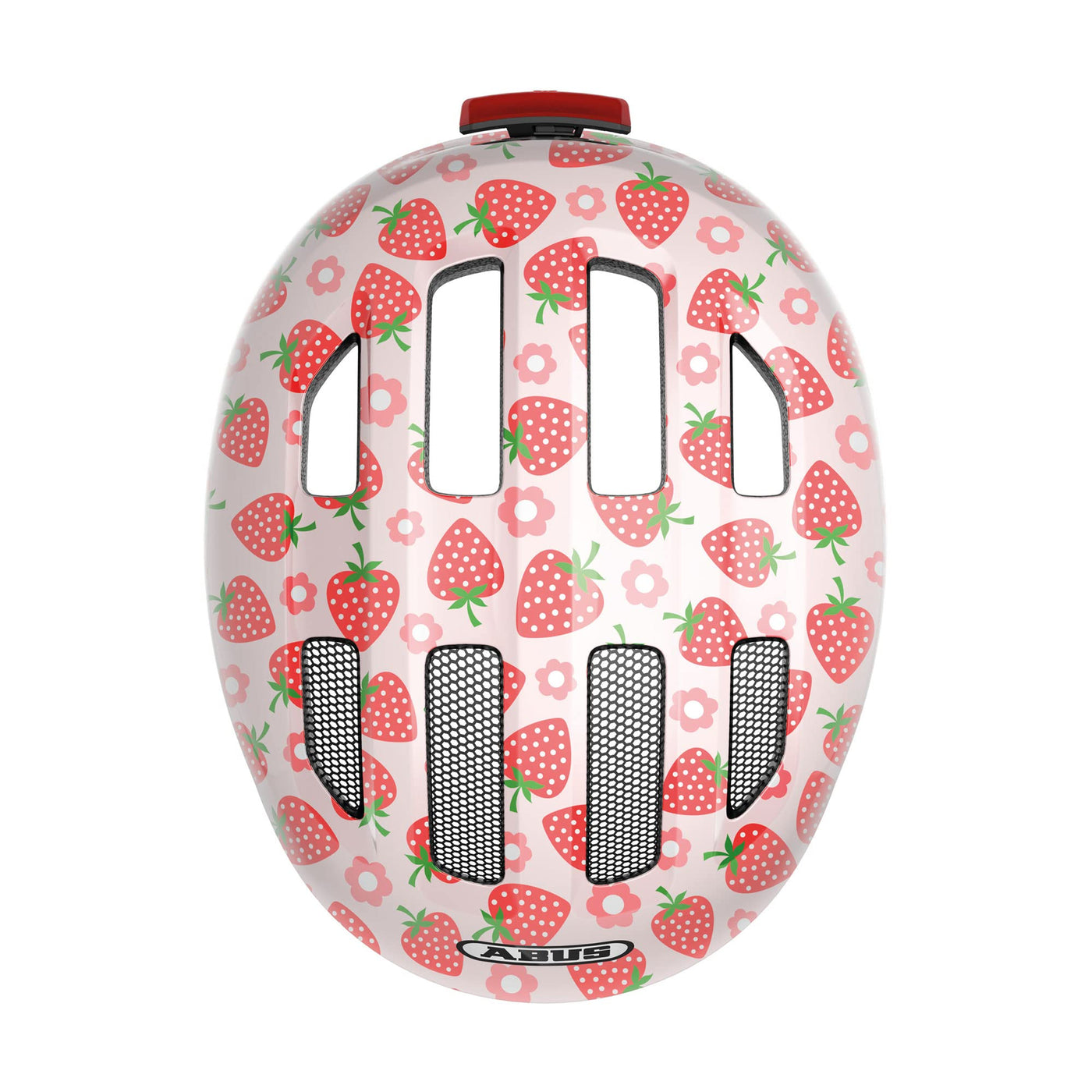 ABUS Kinderhelm Smiley 3.0 LED - Fahrradhelm mit Licht - tiefe Passform & Platz für einen Zopf - für Mädchen und Jungs - Rosa mit Erdbeer-Muster, Größe M