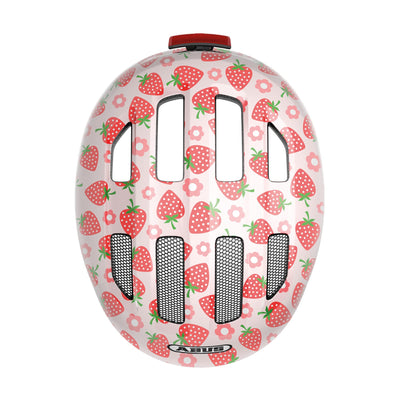ABUS Kinderhelm Smiley 3.0 LED - Fahrradhelm mit Licht - tiefe Passform & Platz für einen Zopf - für Mädchen und Jungs - Rosa mit Erdbeer-Muster, Größe M