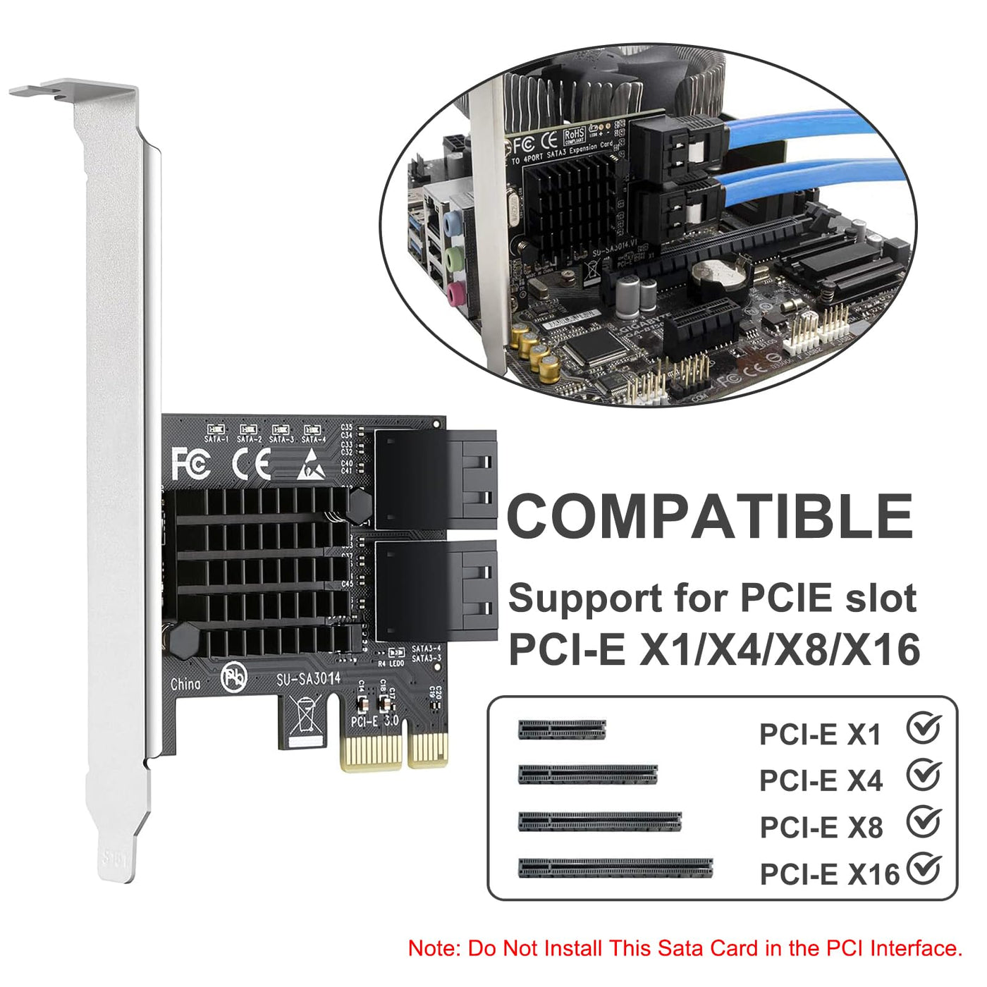PCIe SATA Karte 4 Ports mit 4 SATA Kabeln, SATA 3.0 Controller Erweiterungskarte mit Low Profile Bracket, PCI-E X1 3.0 Gen3 (6Gbps) Boot als Systemplatte, Non Raid, unterstützt 4 SATA 3.0 Geräte