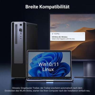 UGREEN WLAN Stick AX900 WiFi 6 Primär WLAN Adapter PC Dual Band 2,4G/5GHz, Internet Stick mit eingebauter Treiber, WPA2-PSK Verschlüsselung, Kompatibel mit Windows 11/10.