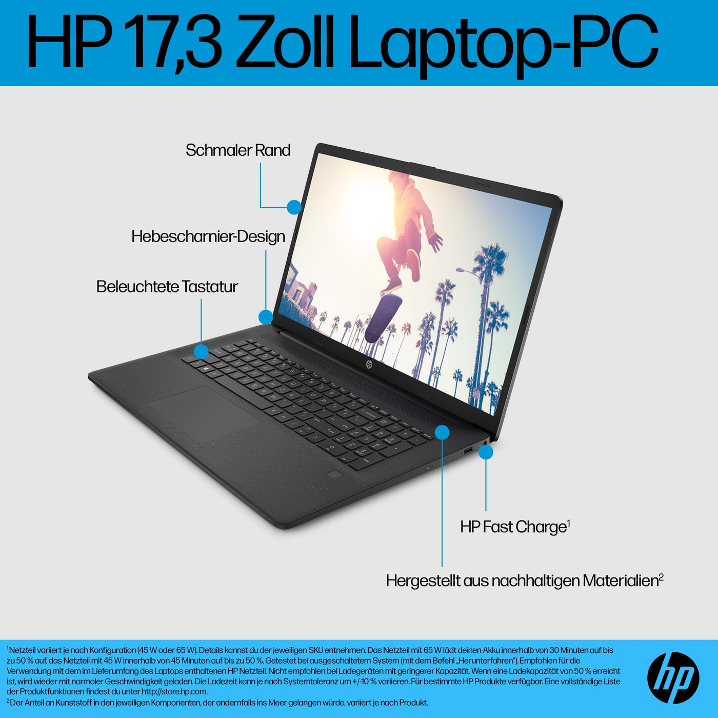 HP Laptop mit 17,3" FHD Display, AMD Ryzen 3 7320U, 8 GB DDR5 RAM, 512 GB SSD, AMD Radeon-Grafik, Windows 11, QWERTZ, Schwarz inkl. 25 GB Dropbox-Speicher für 12 Monate