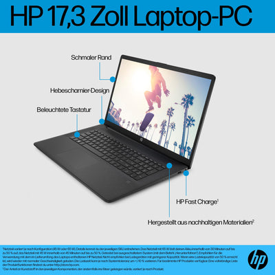 HP Laptop mit 17,3" FHD Display, AMD Ryzen 3 7320U, 8 GB DDR5 RAM, 512 GB SSD, AMD Radeon-Grafik, Windows 11, QWERTZ, Schwarz inkl. 25 GB Dropbox-Speicher für 12 Monate