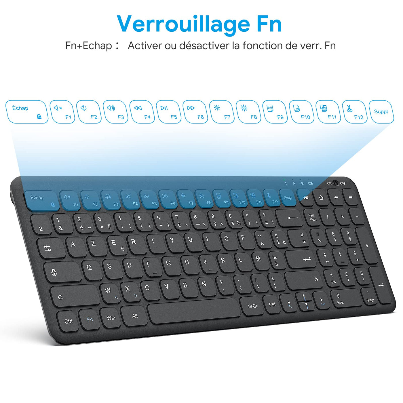 OMOTON Kabellose Tastatur, 2,4 GHz, AZERTY-Tastatur, leise, für Windows 10/8/7, PC, Computer, kabellose USB-Tastatur mit Ziffernblock, ultradünn, Schwarz