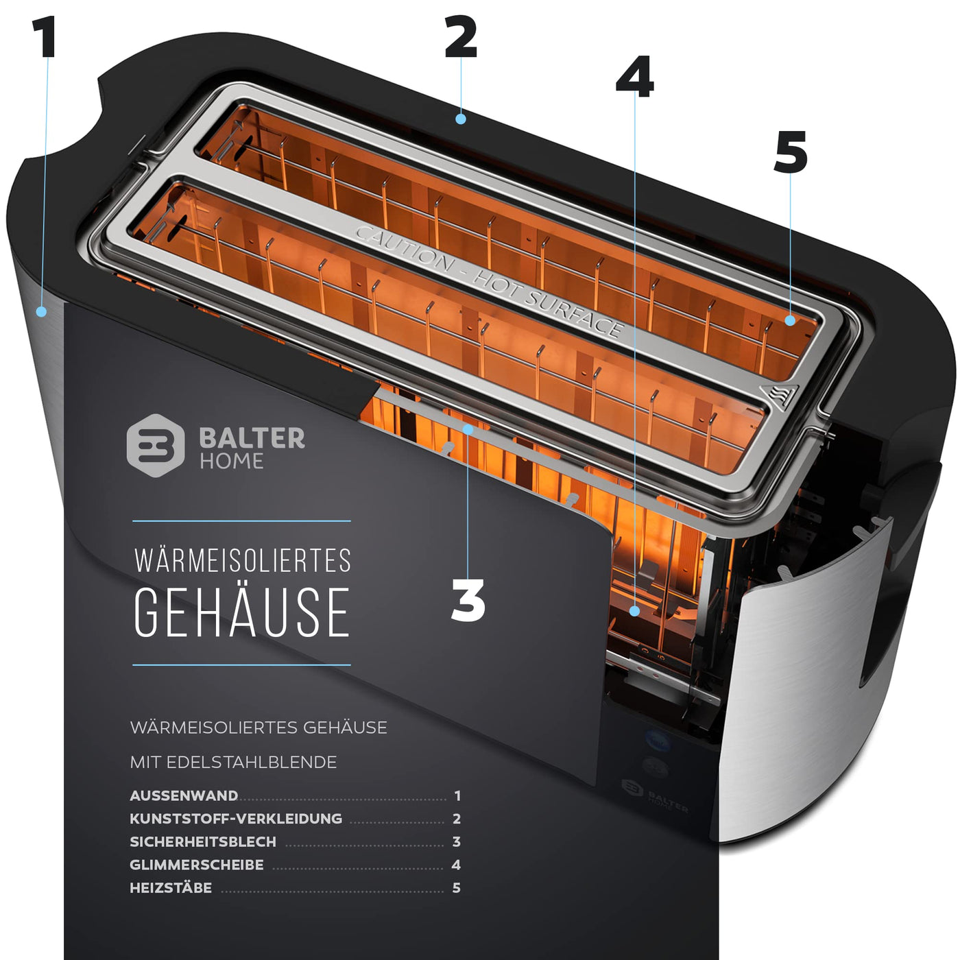Balter Toaster 4 Scheiben, Langschlitz, Edelstahl, Brötchenaufsatz, LCD Display mit Restzeitanzeige, Auftaufunktion, Brotzentrierung, Krümelschublade, TS-04-LCD, Farbe: Silber