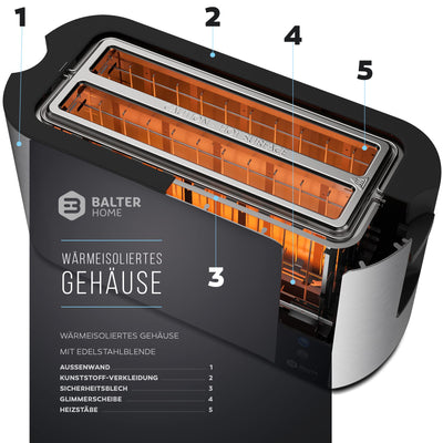 Balter Toaster 4 Scheiben, Langschlitz, Edelstahl, Brötchenaufsatz, LCD Display mit Restzeitanzeige, Auftaufunktion, Brotzentrierung, Krümelschublade, TS-04-LCD, Farbe: Silber
