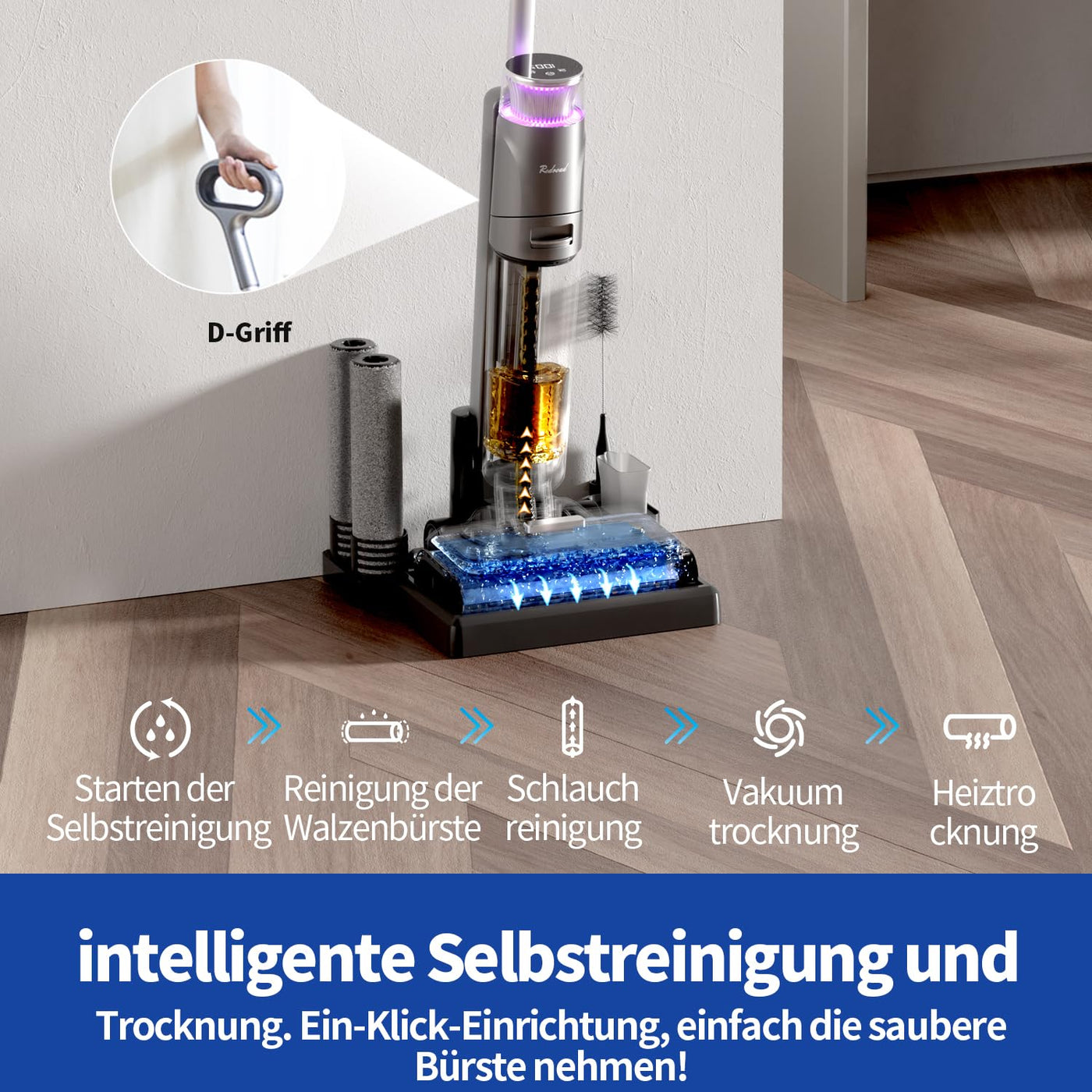 Redkey W13 Nass Trockensauger kabellos, Kantenreinigungsbürste, akku Nass Trocken Staubsauger, Selbstreinigung & Selbsttrocknend, 17500Pa, 45min Laufzeit 900ml Wassertank für Hartböden, Tierhaare