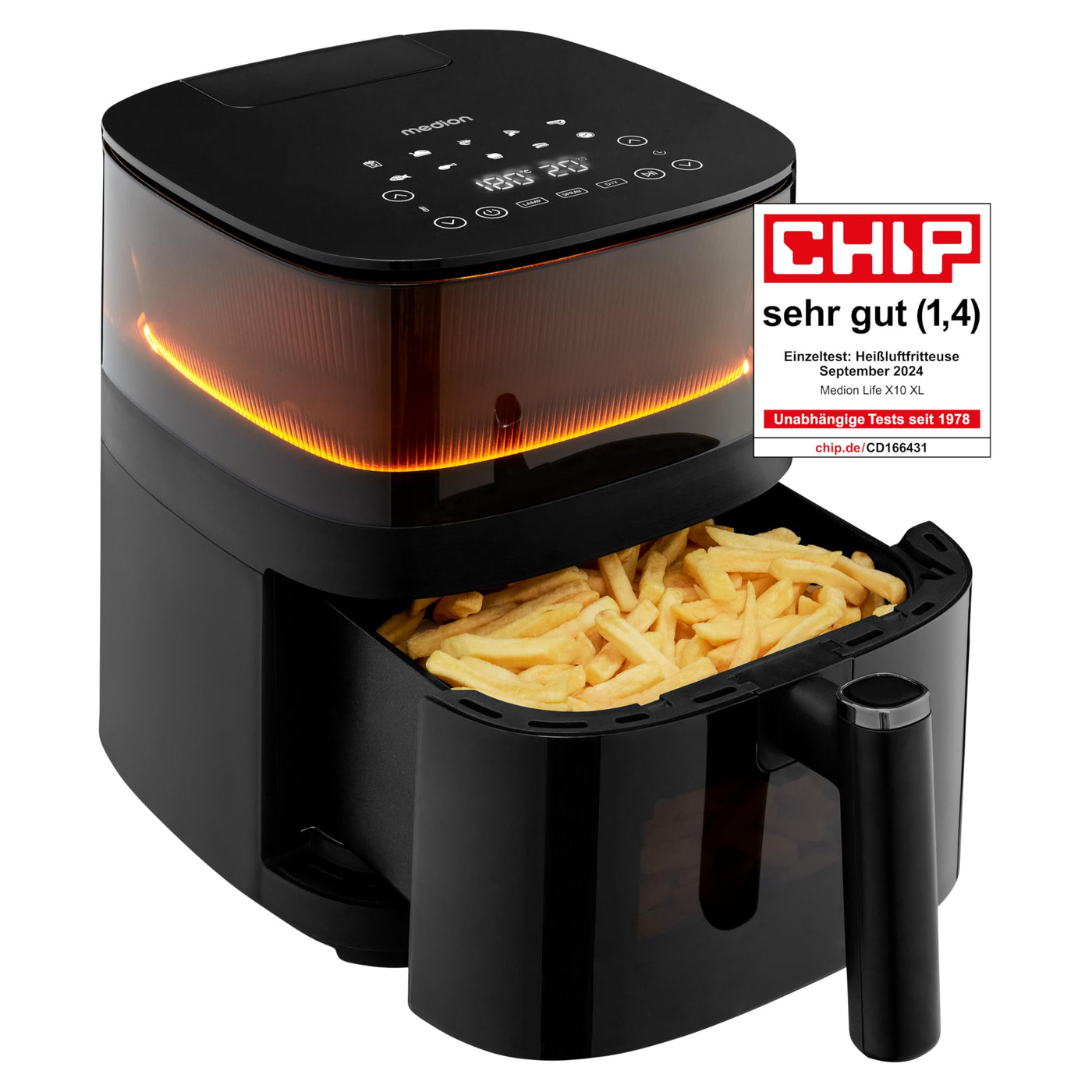 MEDION X10 XL Heißluftfritteuse (5 Liter Frittierkorb, innovative Wassersprühfunktion für krosse knusprige Speisen, 1.500 Watt, Sichtfenster, Schüttel Alarm,10 Automatikprogramme)