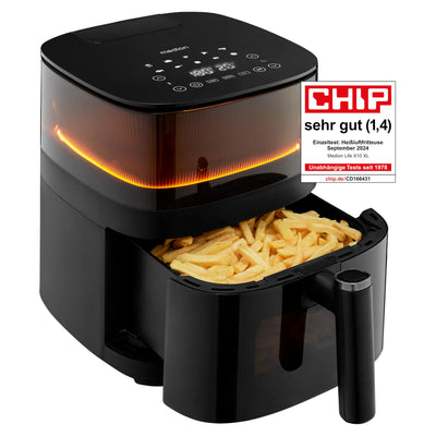 MEDION X10 XL Heißluftfritteuse (5 Liter Frittierkorb, innovative Wassersprühfunktion für krosse knusprige Speisen, 1.500 Watt, Sichtfenster, Schüttel Alarm,10 Automatikprogramme)