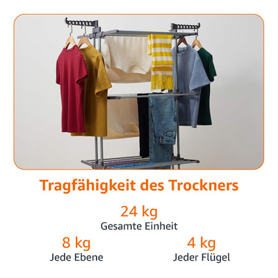 Amazon Basics Turm-Wäscheständer für innen mit faltbaren Flügeln, Garten, Grau, 126 x 64 x 173 cm (L x W x H)