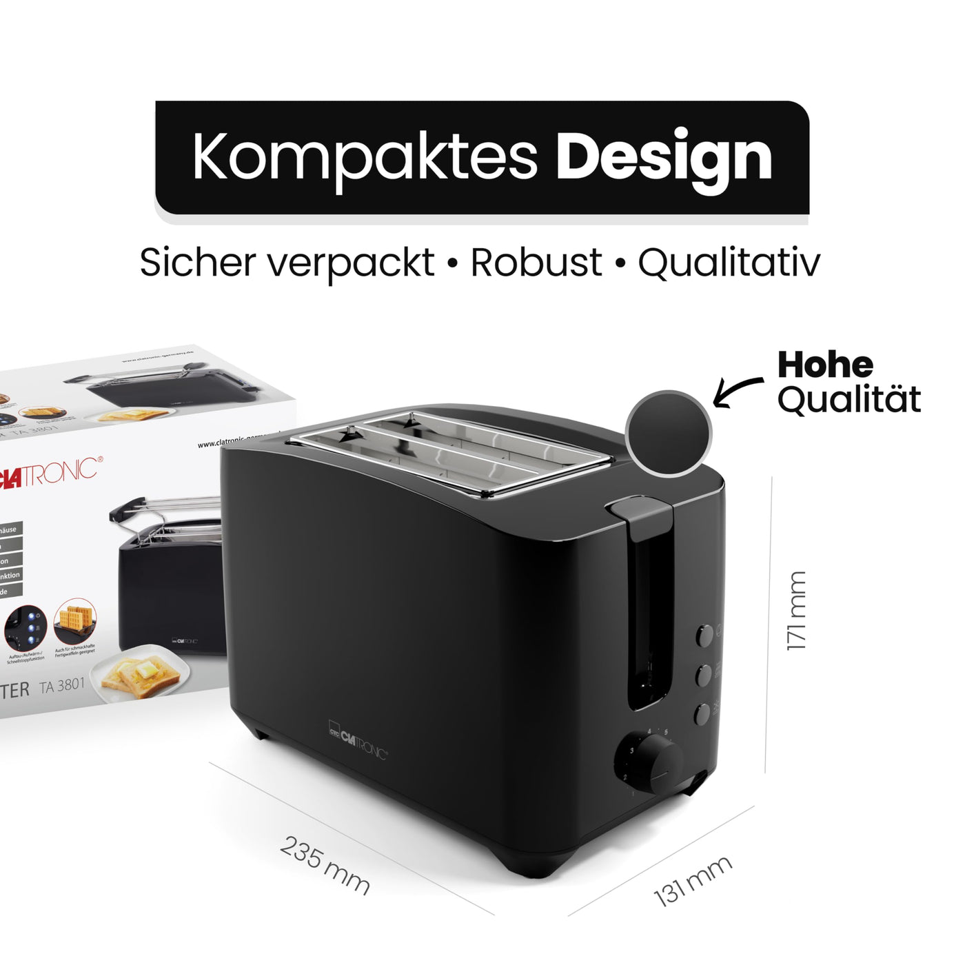 Clatronic® Toaster 2 Toastschlitze | Toaster mit Brötchenaufsatz | Toaster 2 Scheiben mit Liftfunktion | Toster mit Auftau- und Aufwärm-Funktion | für Brötchen und Toast | TA 3801 schwarz