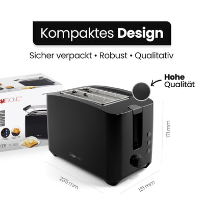 Clatronic® Toaster 2 Toastschlitze | Toaster mit Brötchenaufsatz | Toaster 2 Scheiben mit Liftfunktion | Toster mit Auftau- und Aufwärm-Funktion | für Brötchen und Toast | TA 3801 schwarz