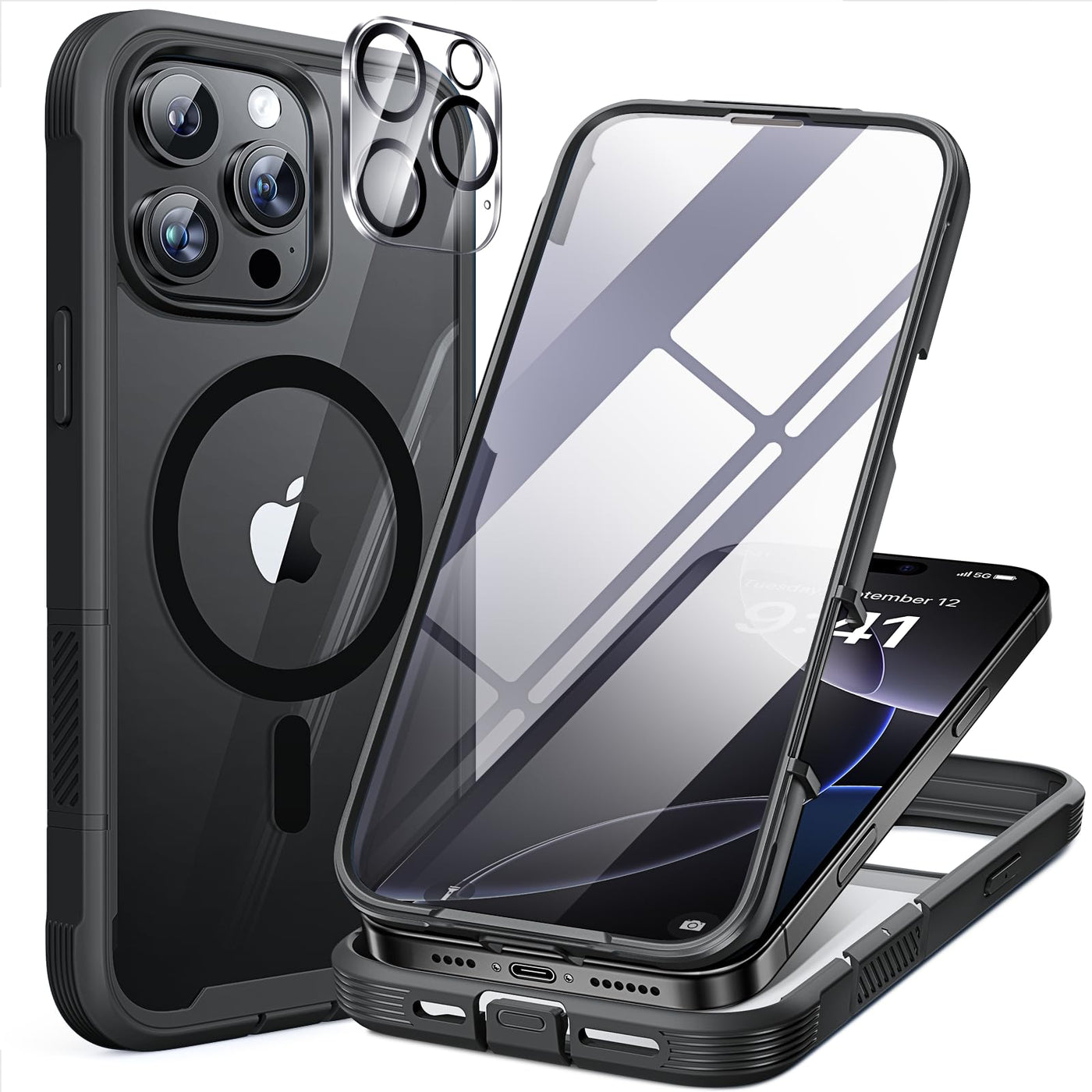 Miracase 360 Grad für iPhone 16 Pro Max Hülle mit Magsafe, Eingebaut Glas Schutzfolie, Komplettschutz HandyHülle Magnetisch Stoßfest Case für iPhone 16 ProMax Schutzhüllen 6,9 Zoll, Schwarz