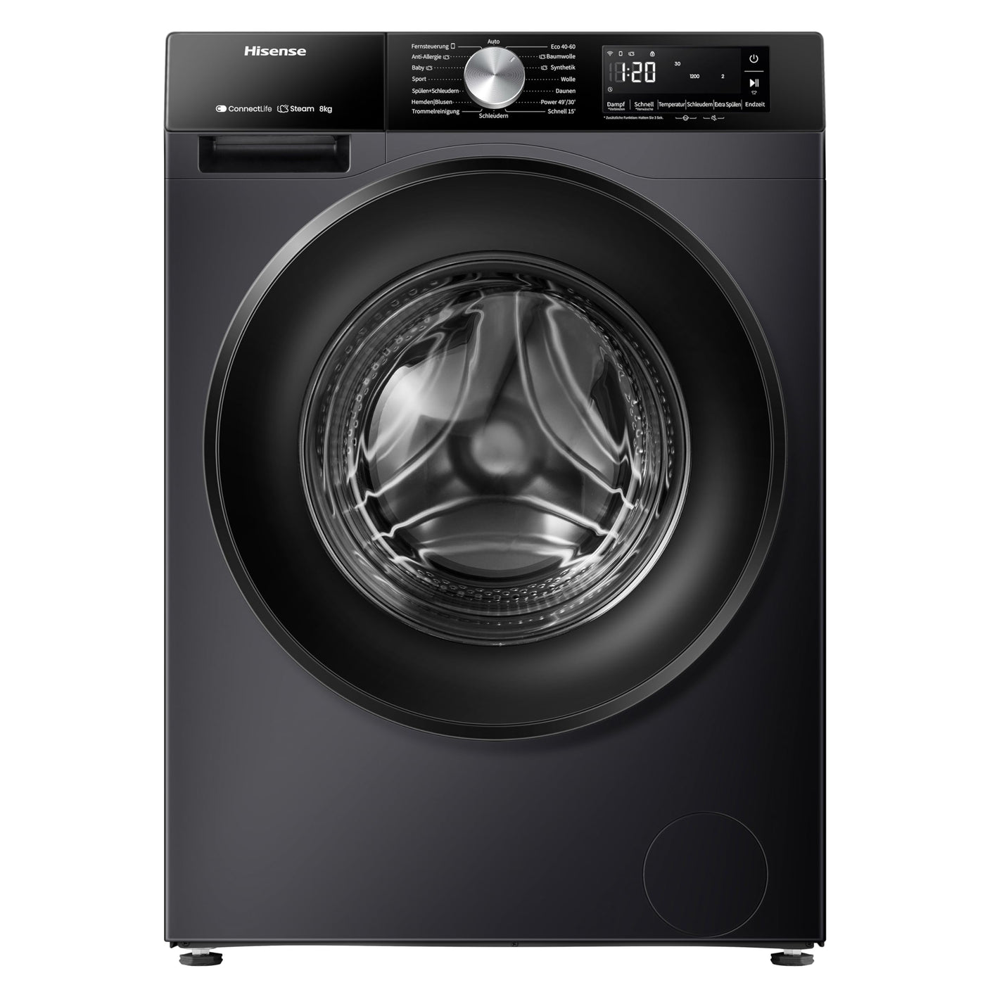 Hisense WF3S8043BB3 Waschmachine mit Dampffunkunktion, 8 kg, 1400 U,min, WIFI, ConnectLife, Power JetWash, Anti-Allergie Programm, Aqua Stop, Auto Wash, Quick Wash, EEK A-30 Prozent