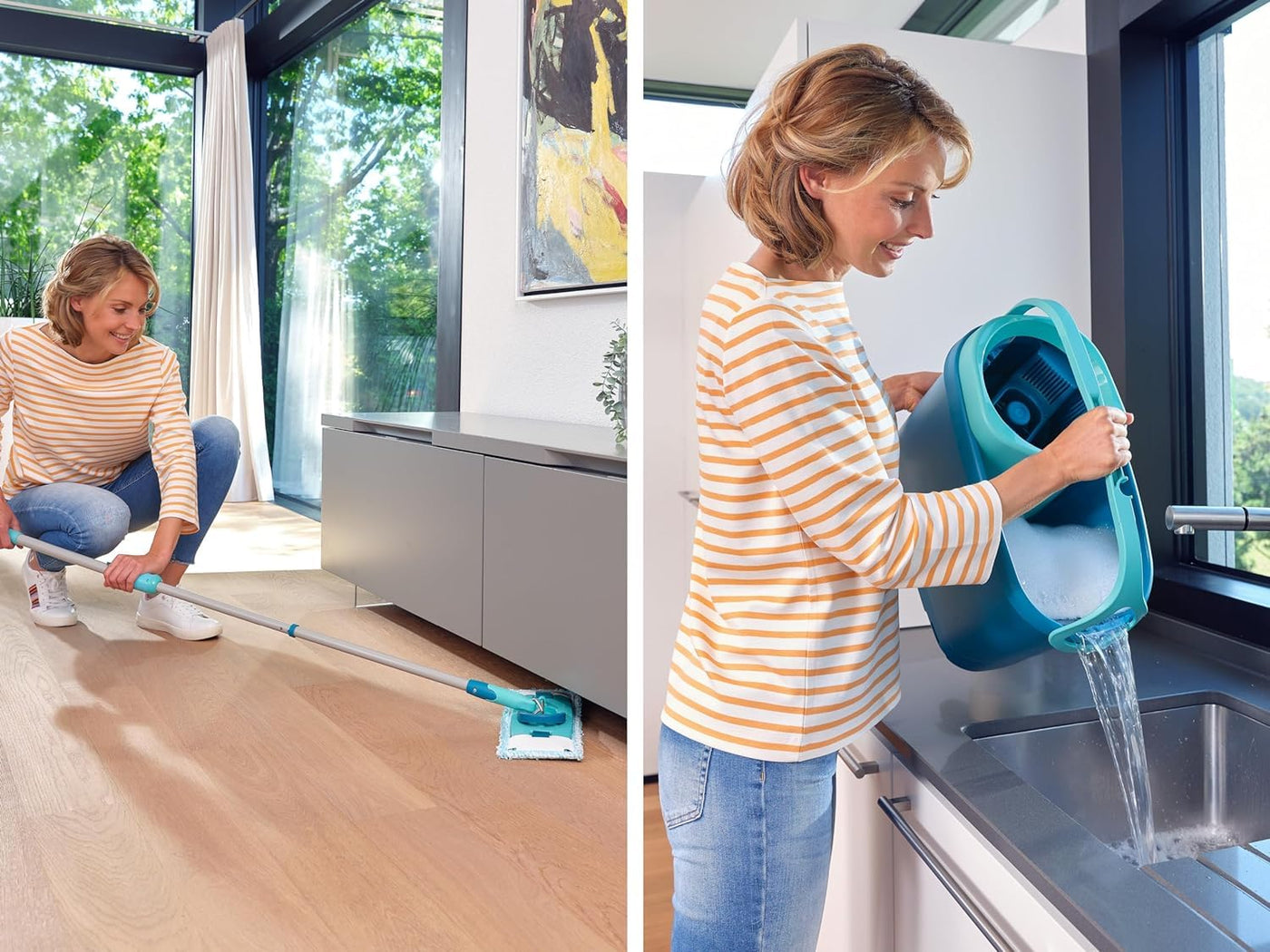 Leifheit Set Clean Twist M Flachwischer Ergo 2.0 mit Rollen, Bodenwischer mit Supersoft Bezug für nebelfeuchte Reinigung auf Parkett, Laminat & Echtholz, Mop mit Click-System und Schleudertechnologie