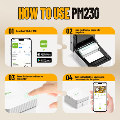 Nelko Mini Drucker PM230 Aufkleber Drucker Fotodrucker mit 3 Rollen Etiketten für Smartphone Thermodrucker Bluetooth Etikettendrucker für DIY Erstellung, Studiennotizen, (Weiß)