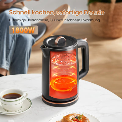 OLEGA Wasserkocher - 1800W Schnellaufheizender Elektrischer Teekessel BPA-freier 304 Edelstahl Elektrischer Wasserkocher mit Automatischer Abschaltung und Trockengehschutz Perfekt für die Familie 1.8L