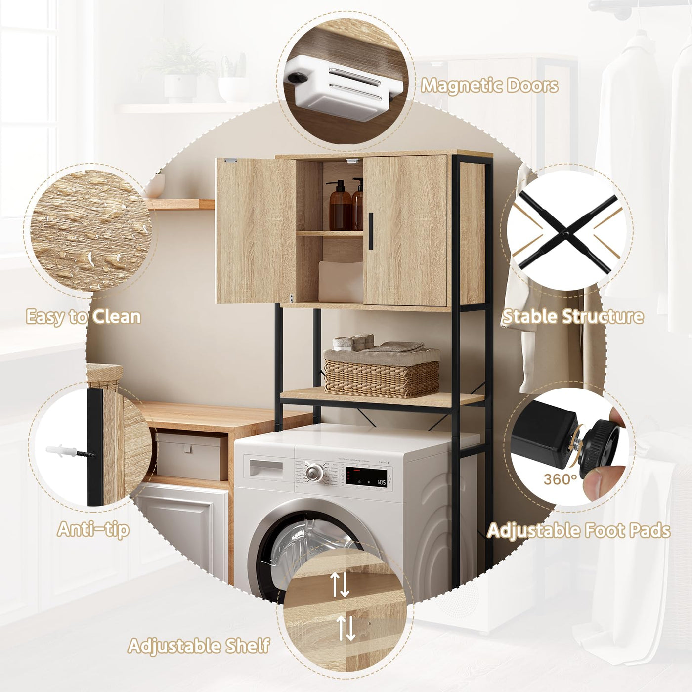 EUGAD Waschmaschinenschrank, Waschmaschinenregal Regal über Waschmaschine Toilette, Toilettenregal mit Schrank Verstellbarer Ablage, Badregal aus Holzwerkstoff Metall, 64,5x170x27 cm