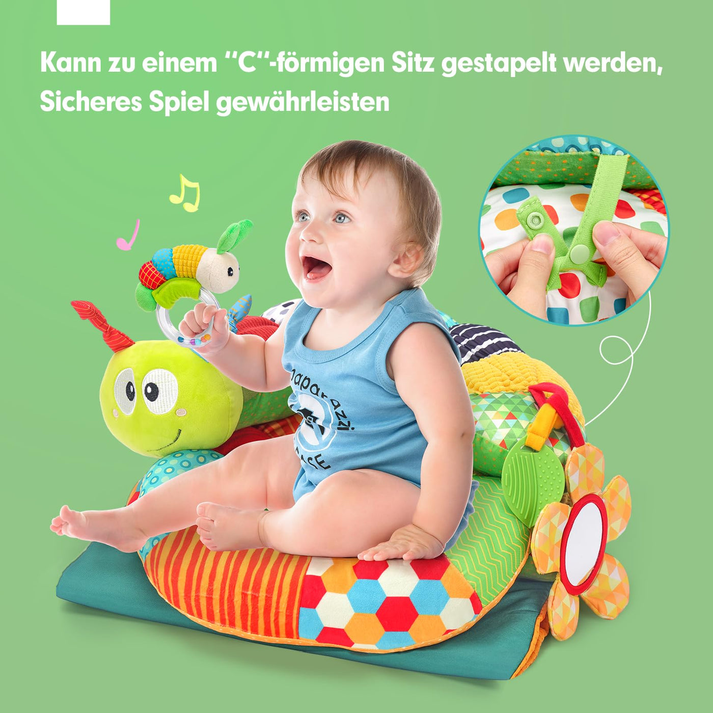 hahaland Baby Spielzeug 3 6 9 12 Monate,3 in 1 Abnehmbar Raupe für Baby Bauchlage Helfen Sitzen Stützen,Tummy Time Toys Spielkissen mit Rassel, Beißring, Spiegel für Babyspielzeug ab 0-6-12 Monate