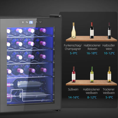 HOMCOM Weinkühlschrank 20 Flaschen 53L 5-18℃ Kompressor Getränkekühlschrank mit Anti-UV Glastür, Flaschenkühlschrank mit LED-Leuchte, Kleiner Weinschrank mit Touch-Screen Schwarz