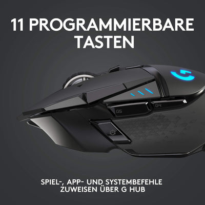 Logitech G502 LIGHTSPEED kabellose Gaming-Maus mit HERO 25K DPI Sensor, Wireless Verbindung, USB-Anschluss, RGB-Beleuchtung, Gewichtstuning, POWERPLAY-kompatibel, PC/Mac - Schwarz