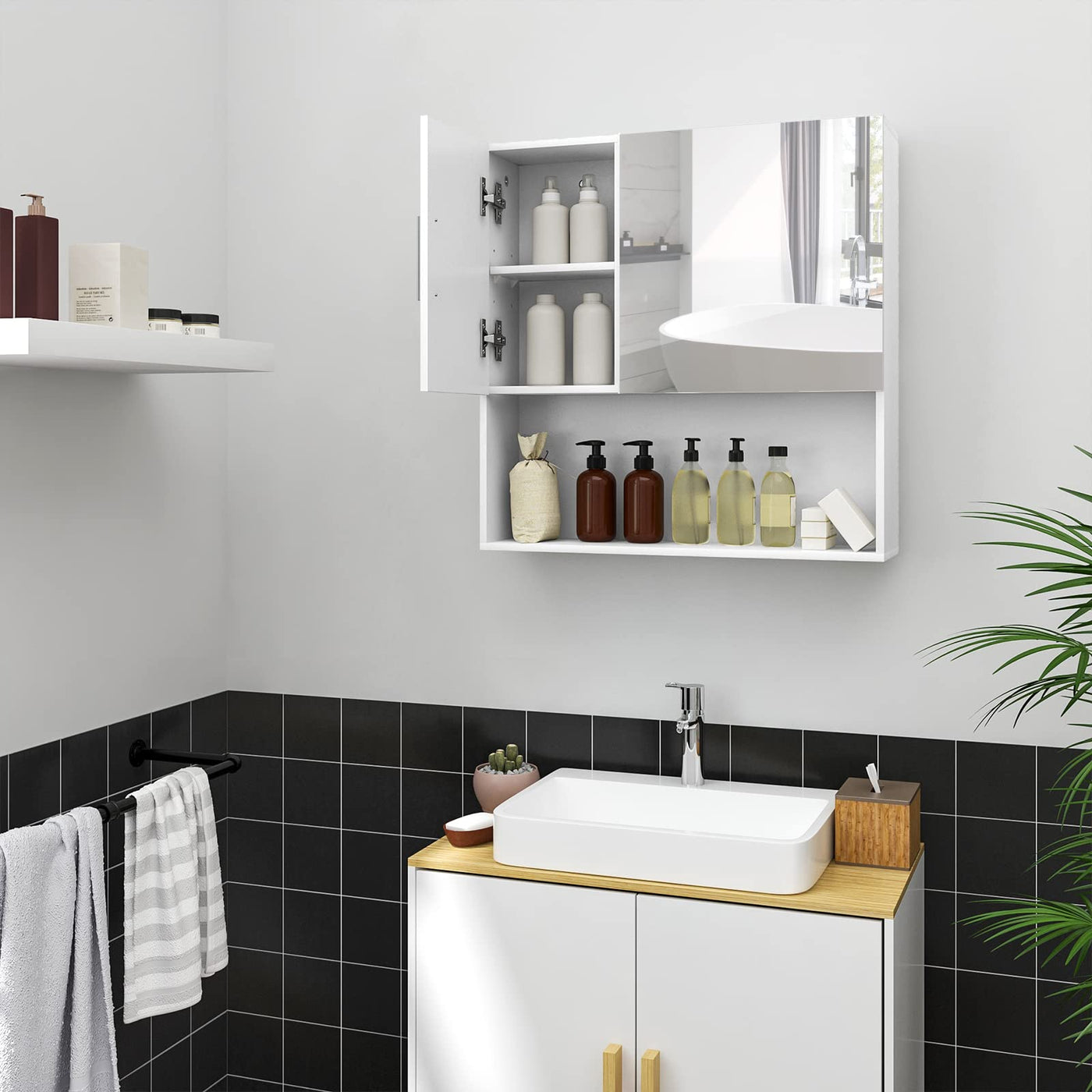 EUGAD Badezimmerschrank mit Spiegel, Spiegelschrank mit Tür Metallscharnieren, Schrank mit 5 Fächern 2 verstellbaren Trennwänden, Hängeschrank aus E1-MDF, Weiß, 54x55x15 cm