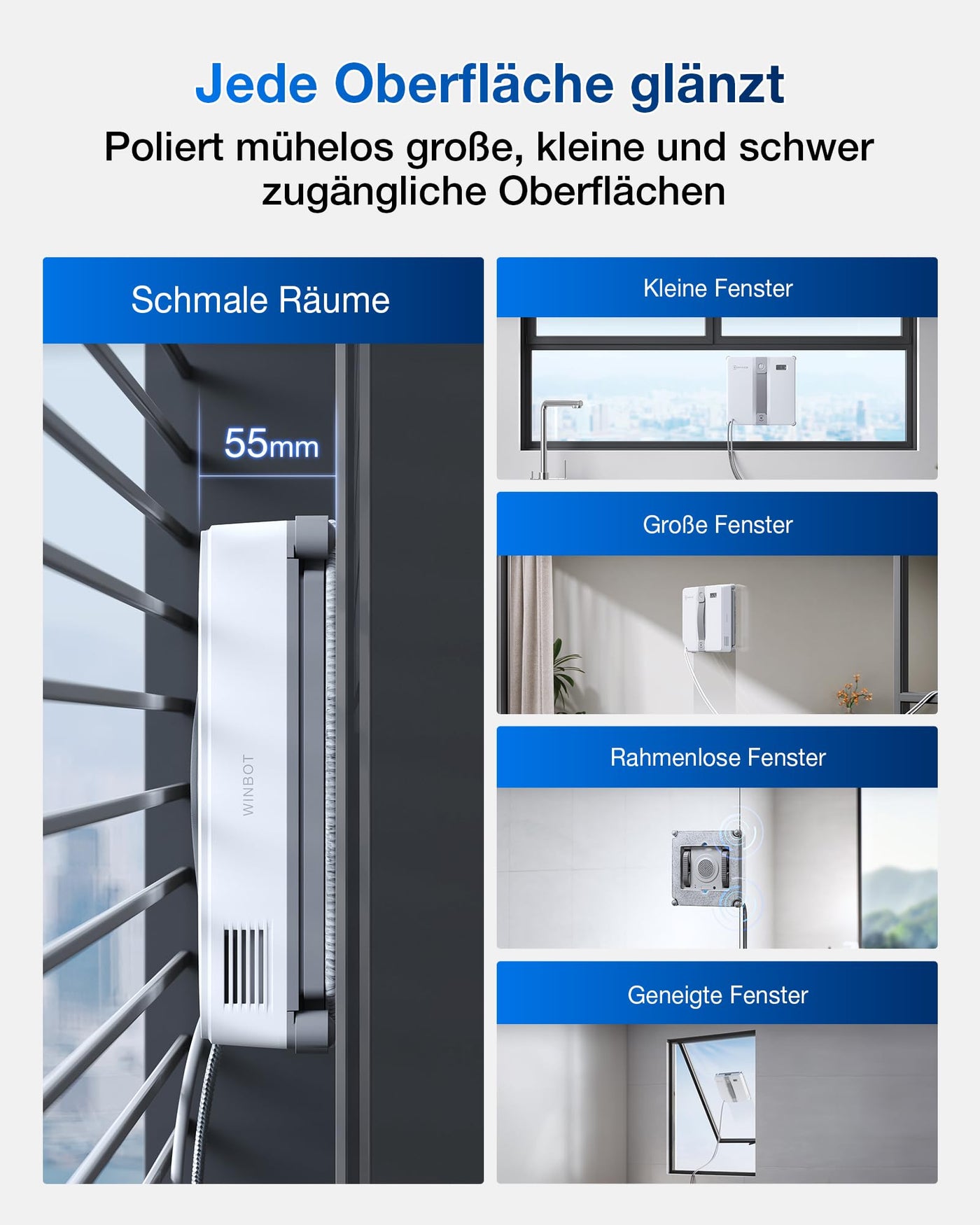 ECOVACS WINBOT Mini Fensterputzroboter, kompaktes Design, Doppel-Düsen mit Ultraschall-Zerstäubung, 9-Stufen-Schutzsystem, intelligente Pfadplanung, 3 Reinigungsmodi, Anti-Rutsch-System, Grau