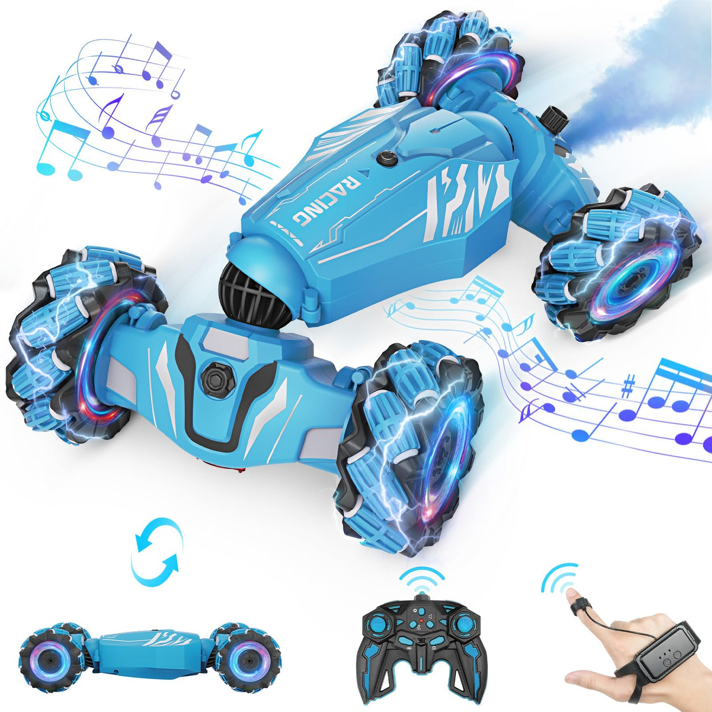 Dysaim Ferngesteuertes Auto ab 6 7 8 9 10 12 Jahre, 4WD RC Auto mit Handsteuerung, 2.4Ghz 360°Drehung Drift Stunt Car mit Licht Musik Spray, Weihnachten Geschenke Spielzeug für Jungen Mädchen, Blau