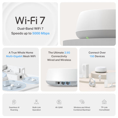 TP-Link Deco BE25 WiFi 7 Mesh WLAN(3 Pack), BE3600 Dual-Band, 2 x 2.5 Gbit/s Port für Jede Einheit, WPA3, 4 Streams, 160 MHz Kanäle, Gästenetzwerk, HomeShield, Empfohlen für Häuser mit 4-6 Zimmern
