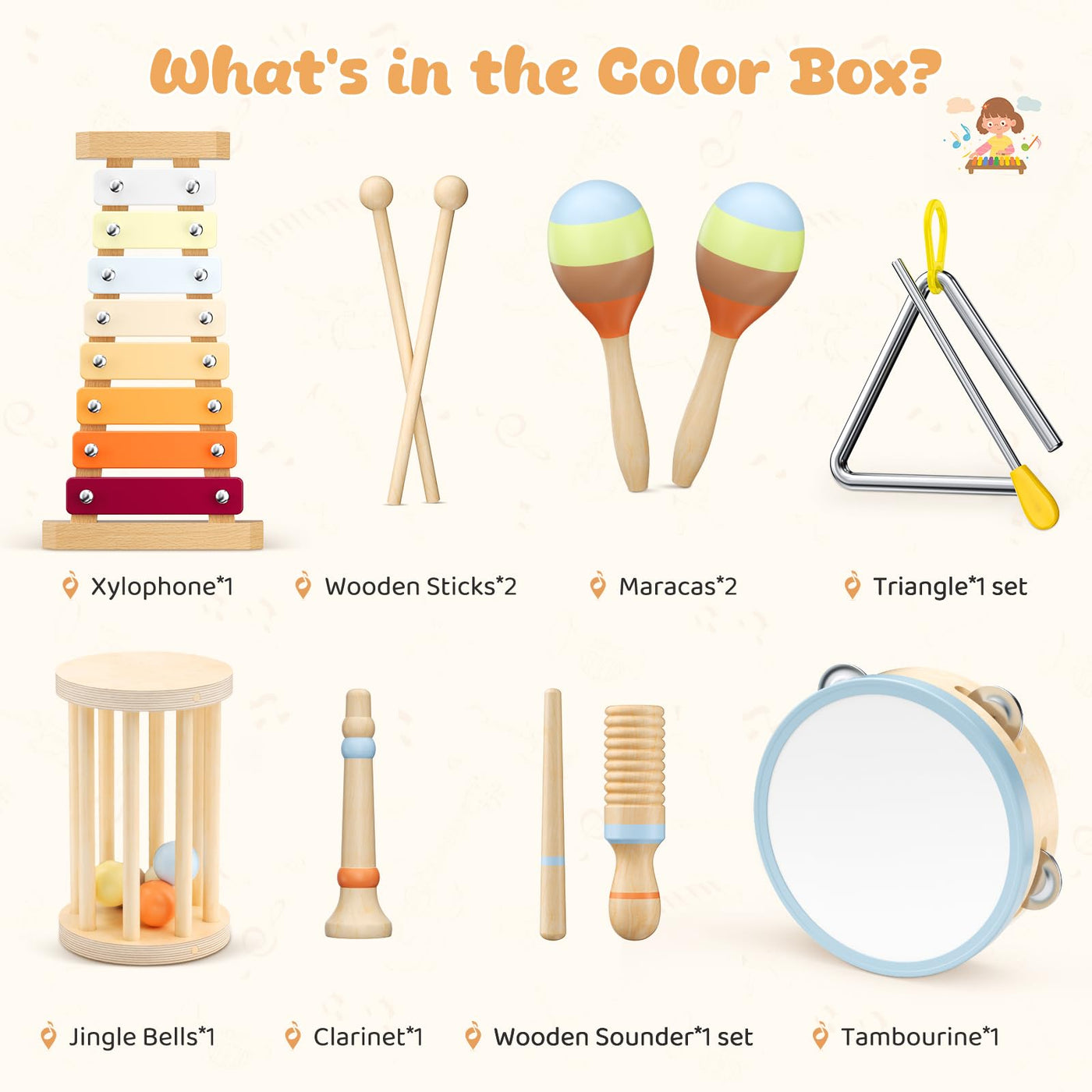 Musikinstrumente für Kinder, Montessori Musikinstrumente Set, Musik Holzspielzeug für Jungen und Mädchen, Spielzeug Geschenke Trommel Xylophon für Kleinkinder ab 1-3 Jahren