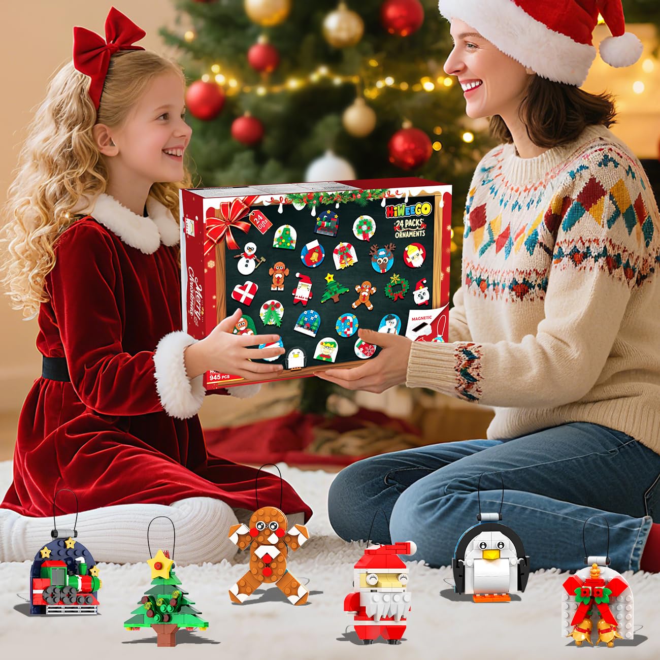HiWEEGO 2025 Weihnachten Bauset, 2 in 1 Teile Hängende Magnetisch Weihnachtsbaum Ornamente Lebkuchenmännchen Kranz Weihnachtsmann Schneemann, Weihnachts Klemmbausteine für Erwachsene Kinder Jahren 6+