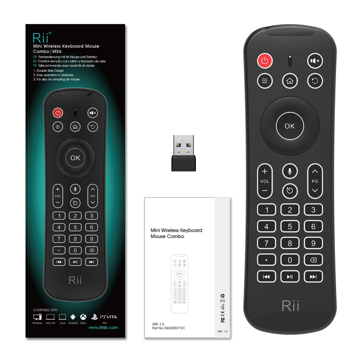 Rii MX6 2.4G Hintergrundbeleuchtung Air Mouse+Wireless Keyboard+6Achsen Somatosensory Fernbedienung +Microphone+IR Lernen Tasten 5 in1 für Mini PCs/Smart TV/Android TV Box/Raspberry Pi(US Layout)