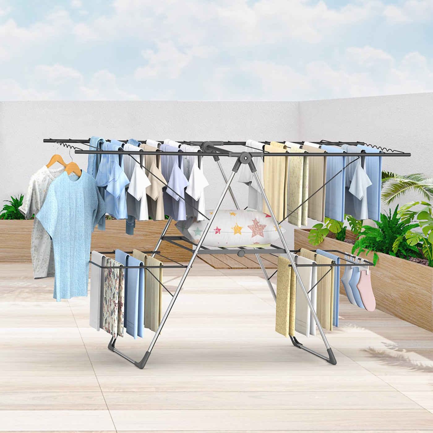 Innotic Wäscheständer Turm Klappbarer Platzsparend Tragbares Flügel-Wäschetrockner, Höhenverstellbar Vertikales Wäscheturm fur Balcon Draußen, Grau