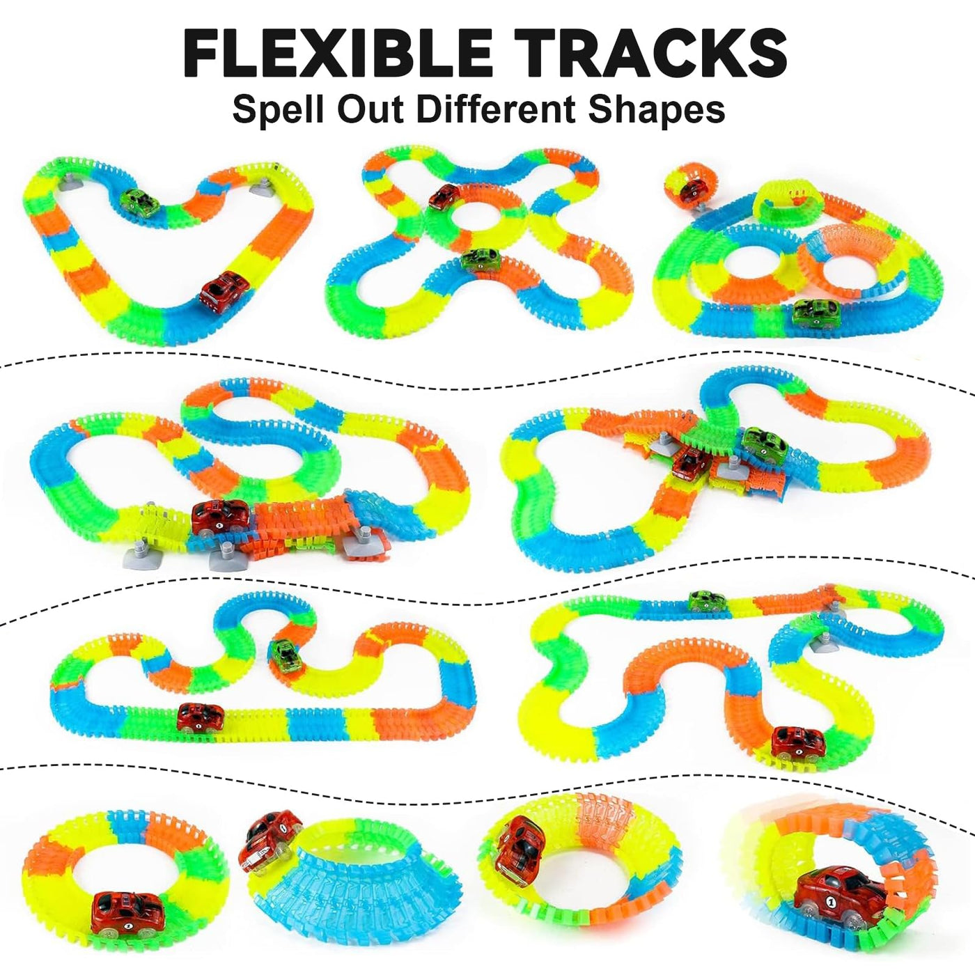 Fajiabao Autorennbahn Spielzeug ab 3 Jahre Junge - 240 Stück Flexible Rennbahn mit 2 Leucht Auto Spielzeug Rennbahn Kinder 3 Jahre Kinderspielzeug Rennbahnen Geschenk Junge 3 4 5 Jahre Mädchen