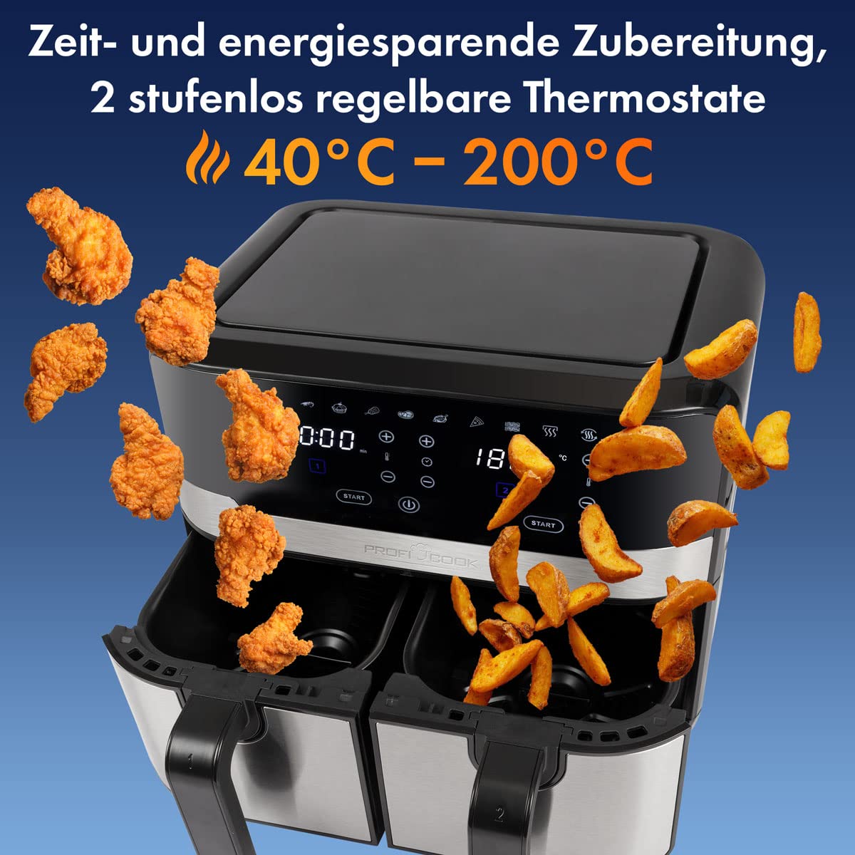 ProfiCook® Doppel-Heißluftfritteuse | 9 Liter | XXL Heißluftfritteuse Doppelkammer | Frittieren mit heißer Luft ohne zusätzliches Öl | 9 Programme | Air Fryer |Touchscreen | 2400 Watt | PC-FR 1242 H